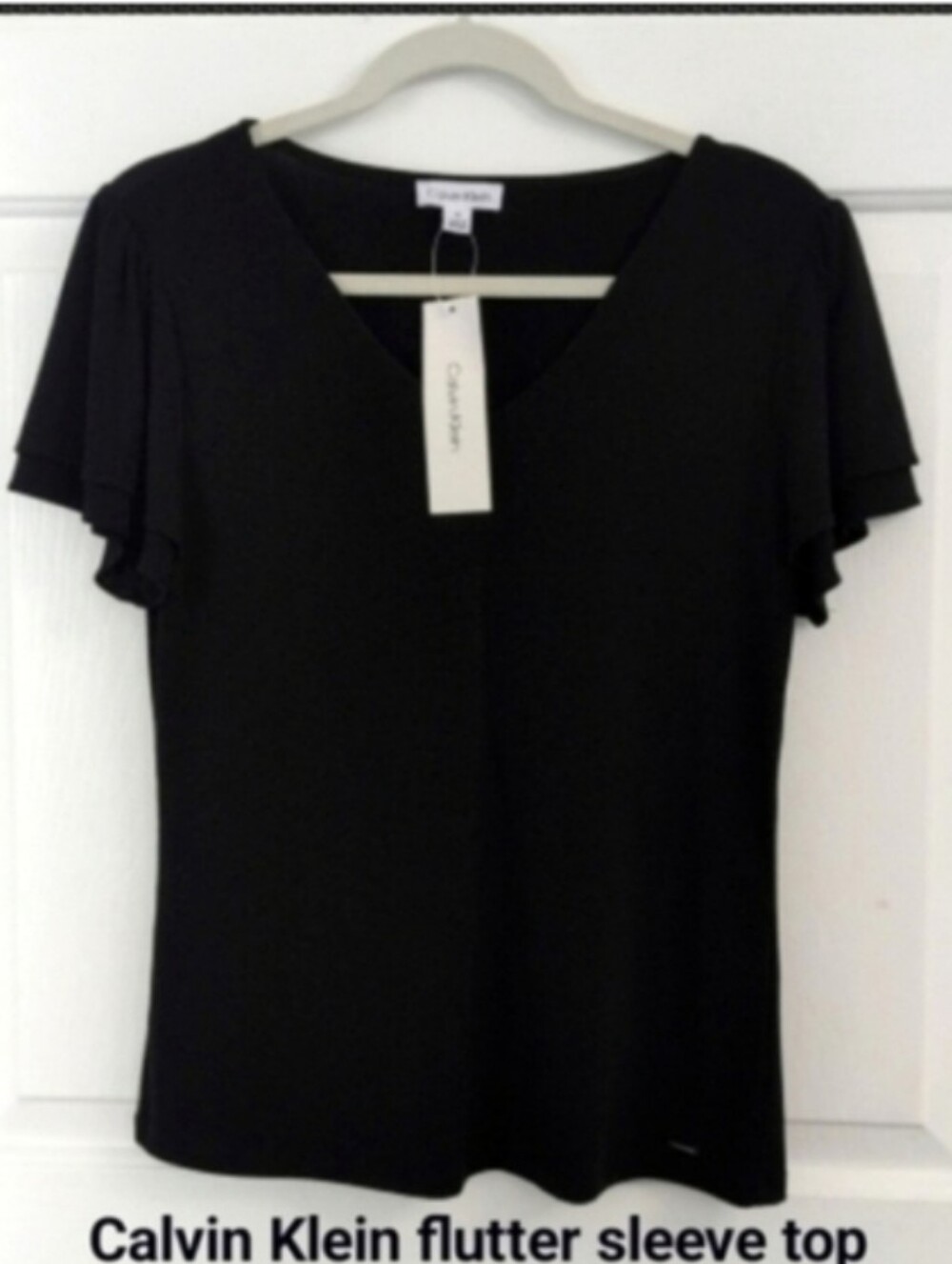 Classic Black Dressy Calvin Klein V-Neck Flutter Sleeve Top Medium